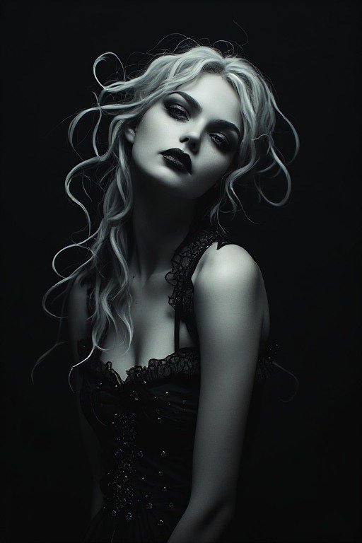 Dramatic gothic portrait of a pale platinum blonde woman with dark makeup, black lace dress again...