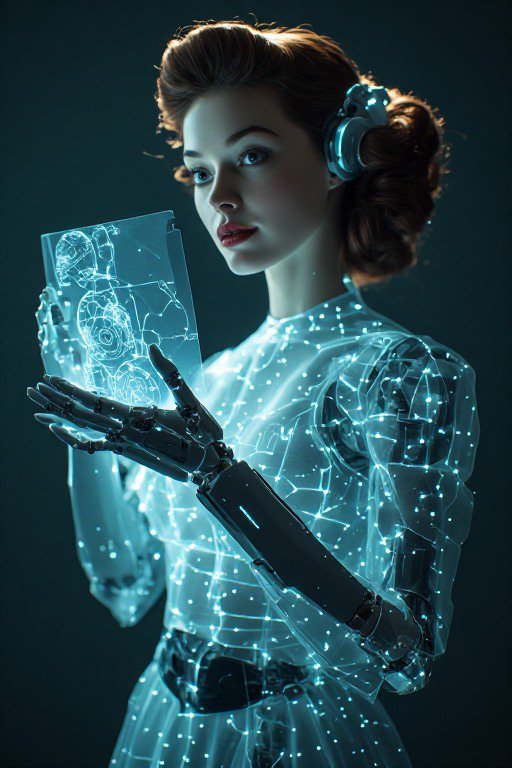 Retro-futuristic cyborg woman with robotic hands examines a glowing transparent hologram interface