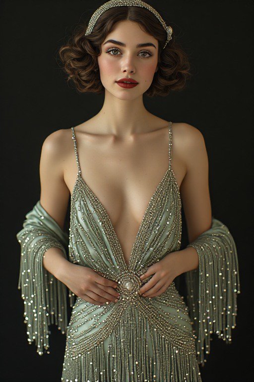Elegant woman in 1920s flapper attire wears a beaded sage green fringed gown and crystal headband...