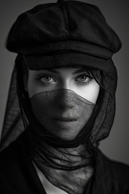 Black and white close-up portrait of a woman with intense eyes, wearing a fabric cap and sheer bl...