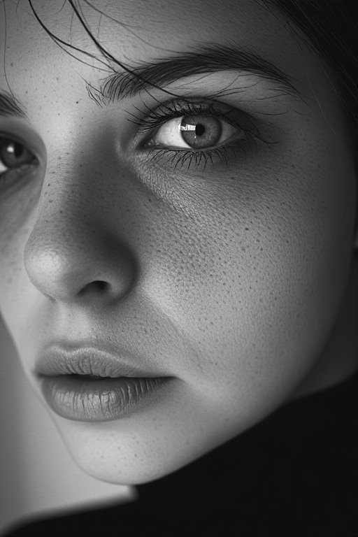 Black and white close-up portrait of a young woman, highlighting natural freckled skin and her ex...