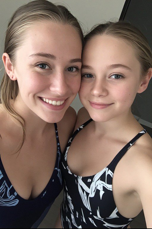 Two blonde blue-eyed young sisters pose closely smiling, wearing patterned one-piece swimsuits fo...