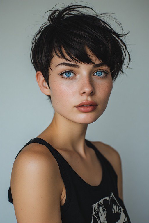 Close up studio portrait of a young woman with messy dark pixie cut, bright blue eyes, and natura...