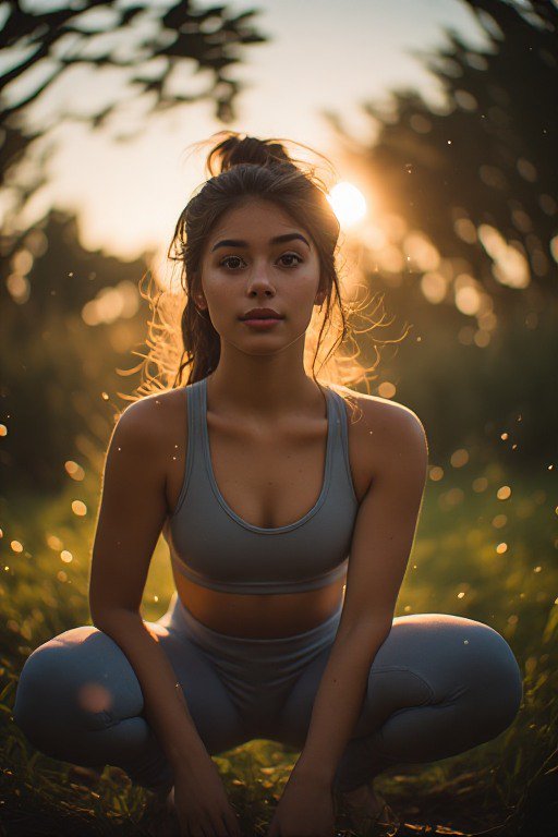 Young woman in grey activewear crouches on grass, backlit by warm golden sunset in a sunlit park ...