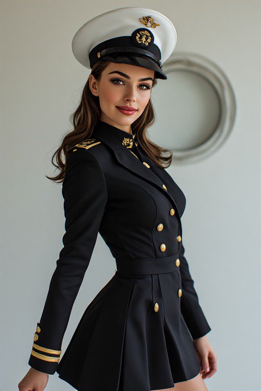 Poised young woman in formal naval officer uniform and captain hat poses near a ship porthole
