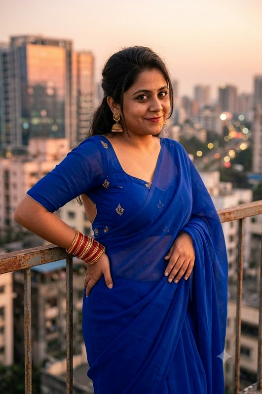 Woman in a royal blue saree poses on a rooftop balcony overlooking a city at golden hour sunset