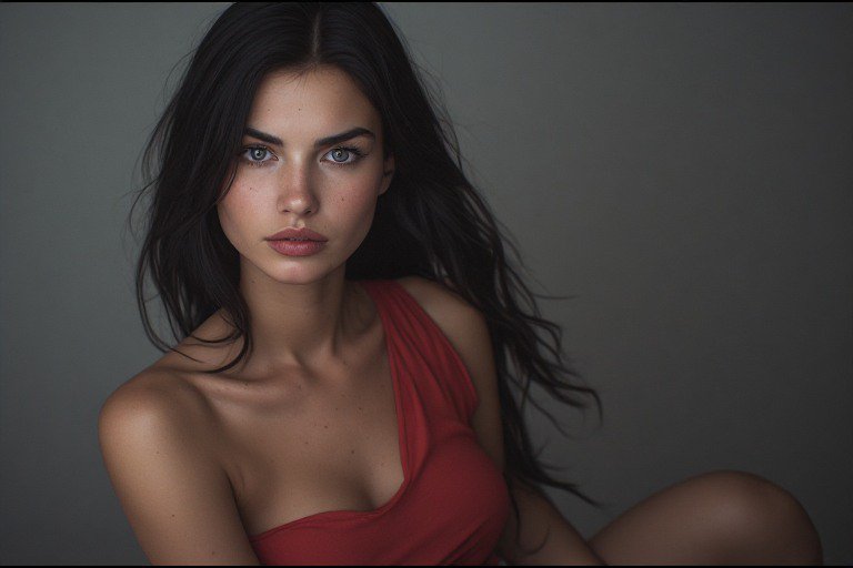 Young woman with long windswept dark hair, bright blue eyes, and red top poses against a muted gr...