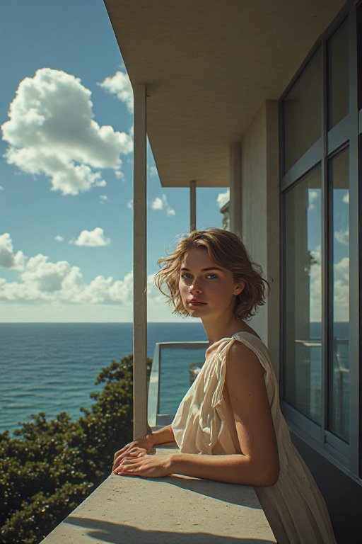 Young woman in a flowy cream dress leaning on a seaside balcony overlooking the bright blue ocean