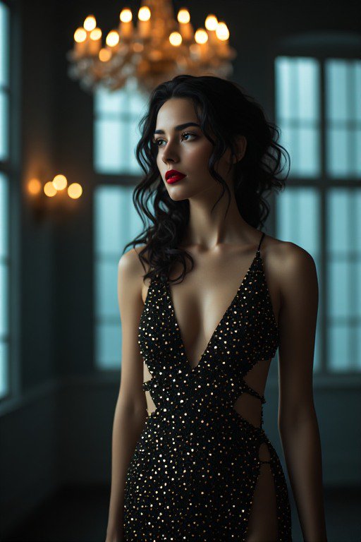 Elegant woman in a sparkly black cutout evening gown stands pensively in a dim grand ballroom ben...