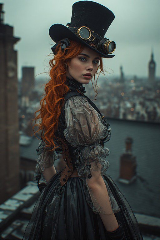 Red-haired steampunk woman in a top hat with goggles stands on a foggy Victorian city rooftop