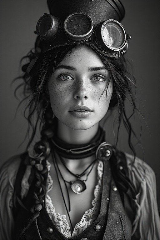 Monochrome studio portrait of a freckled young steampunk woman with goggles on her tall top hat
