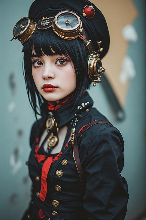 Young woman in detailed steampunk attire with brass goggles resting on her cap poses against a so...