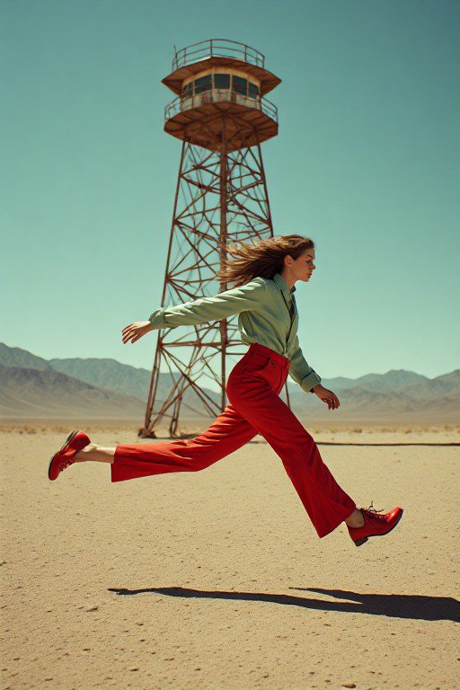 Woman leaping mid-air across sunlit desert sand next to a rusted observation tower