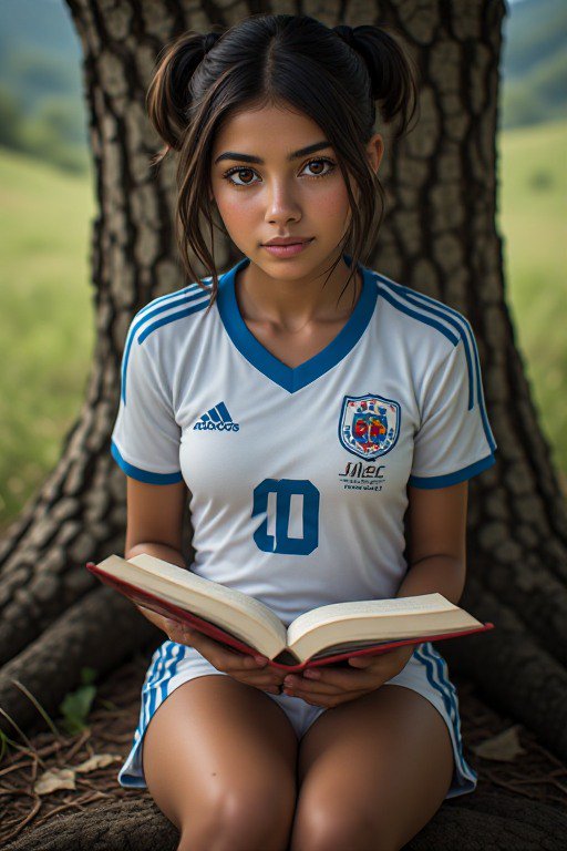 Young woman in a soccer jersey holds an open book while sitting against a tree in a sunlit meadow