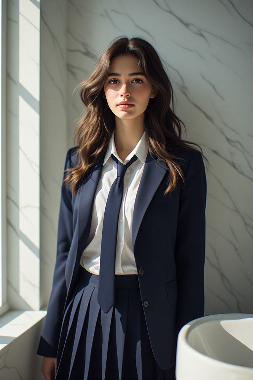 Young woman in a navy school uniform stands bathed in sunlight next to a veined marble wall