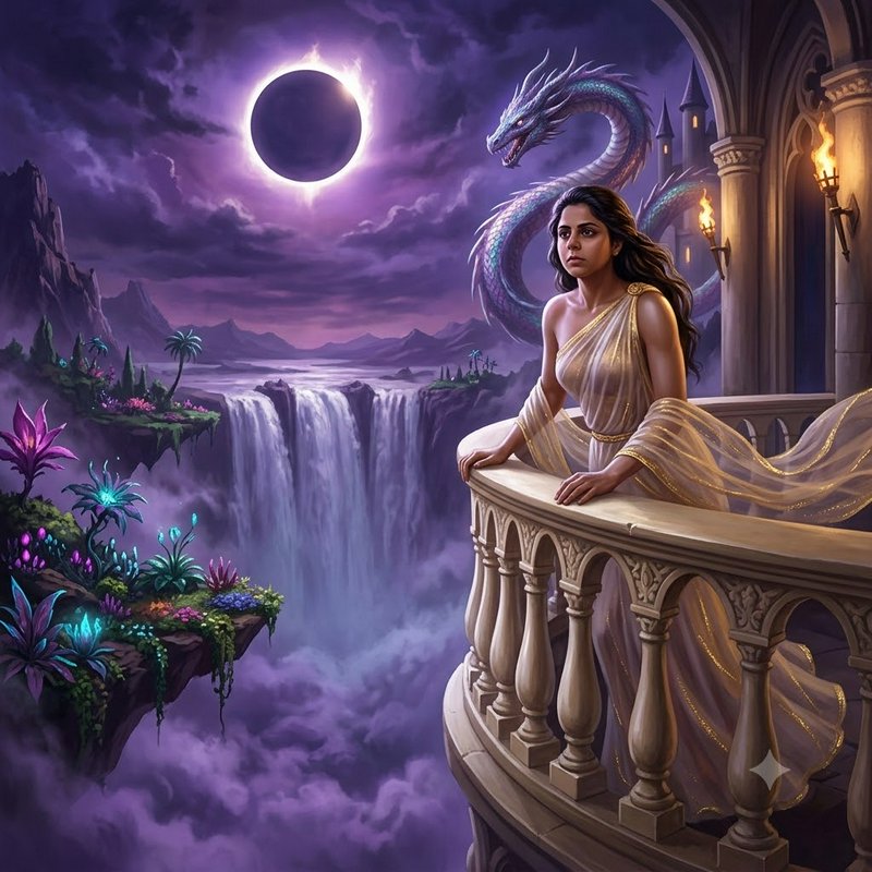 Regal fantasy woman on a stone castle balcony with an iridescent dragon under a glowing purple so...