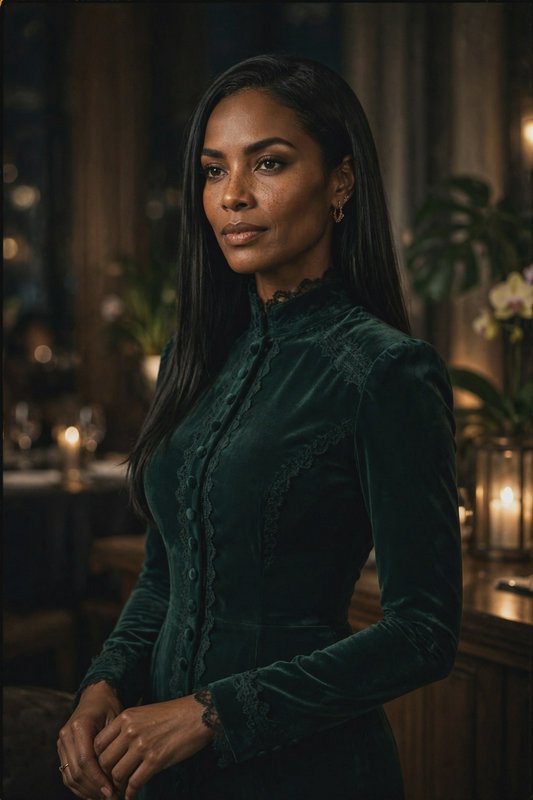 Poised elegant Black woman in a dark green velvet lace dress stands in a warm candlelit lounge