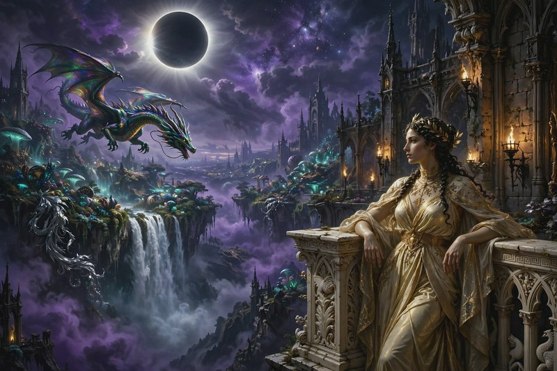 Regal fantasy queen on an ornate castle balcony watches an iridescent dragon fly beneath a solar ...