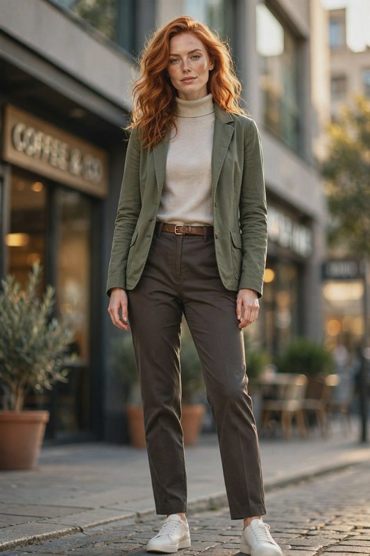 Woman with wavy red hair in smart casual wear standing on a cobblestone city sidewalk outside a coffee shop