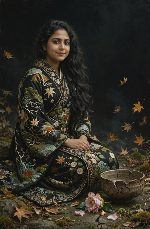 South Asian woman in an ornate embroidered kimono sits beside a kintsugi bowl as autumn maple leaves drift around her