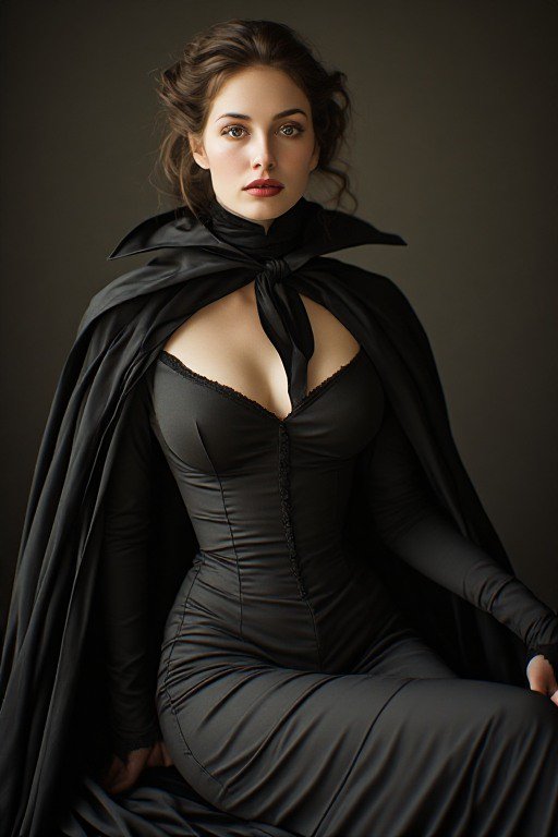 Elegant woman in a form-fitting black gown and dramatic high-collared cape poses for a moody stud...