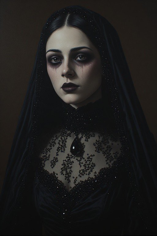 Somber gothic widow portrait with black beaded veil and tear-streaked dark eye makeup