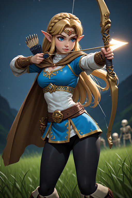 Princess Zelda aiming a glowing enchanted bow while standing in a grassy field with skeletal foes...