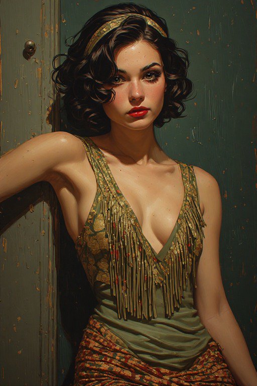1920s flapper woman in a fringe dress leaning against a weathered chipped green door