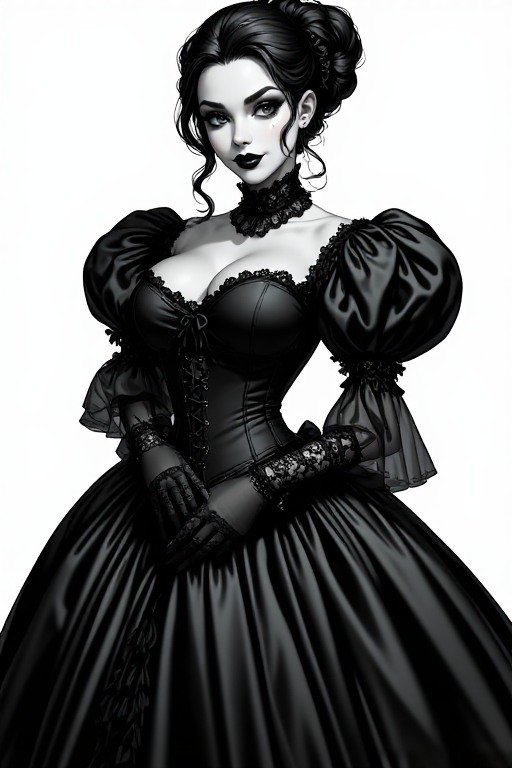 Elegant gothic woman in a detailed black Victorian ball gown against a plain white background