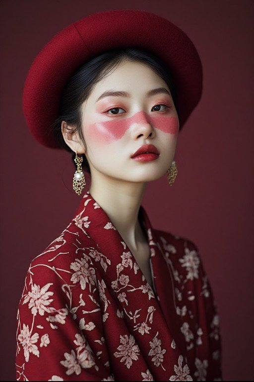 Young East Asian model in a red beret and floral robe wears artistic blush makeup against a deep ...