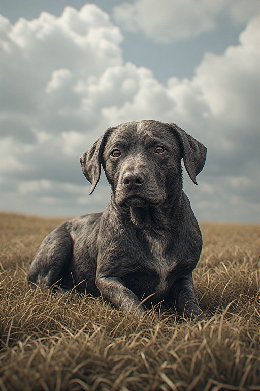 Dark charcoal labrador retriever lying in dry grass under a cloudy sky gazing at the camera