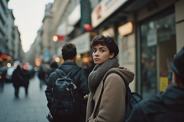 Young woman with short hair glances back while standing on a busy overcast city sidewalk
