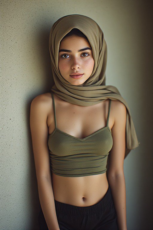 Young woman wearing a draped taupe headscarf and olive crop top gazes directly at the camera agai...