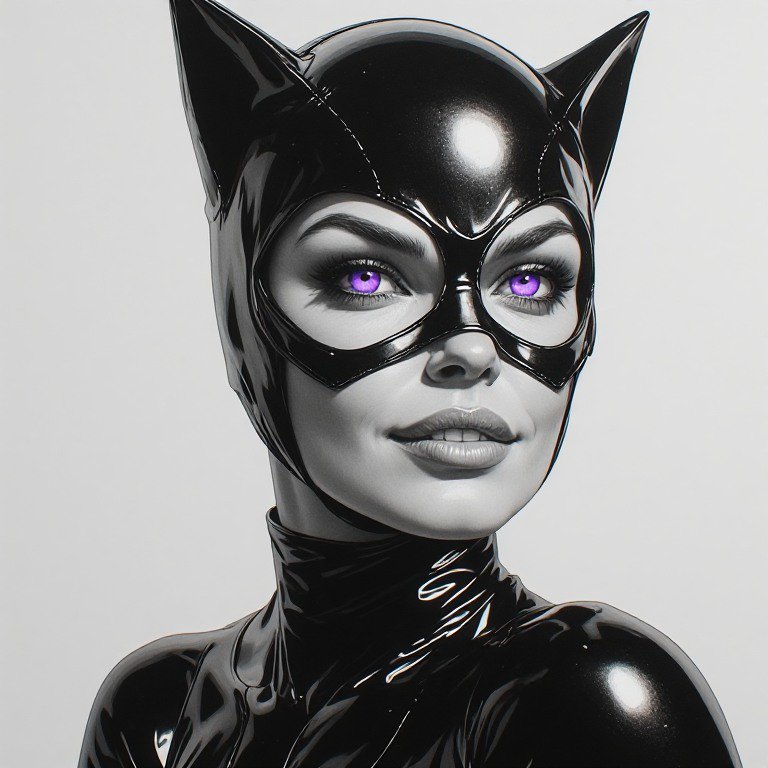 Closeup portrait of Catwoman with vivid purple eyes wearing a shiny black latex cat cowl