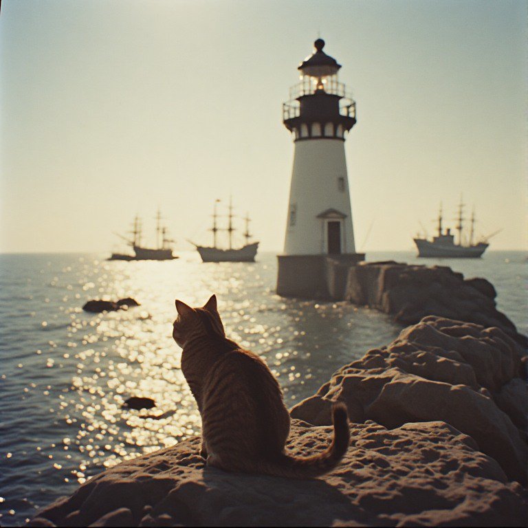 Tabby cat sits on a rocky breakwater watching sailing ships near a coastal lighthouse at golden hour