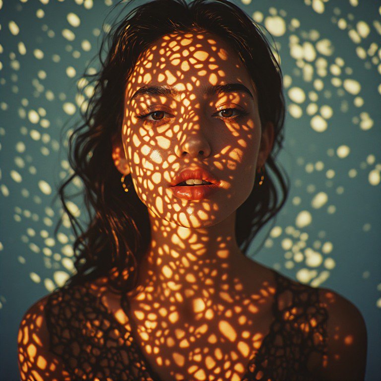 Young woman with wavy dark hair has dappled golden light patterns cast across her face against a ...