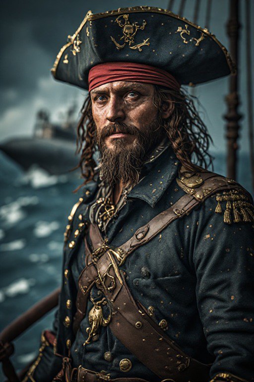 Rugged bearded pirate captain in an ornate tricorn hat stands on his ship's storm-tossed deck