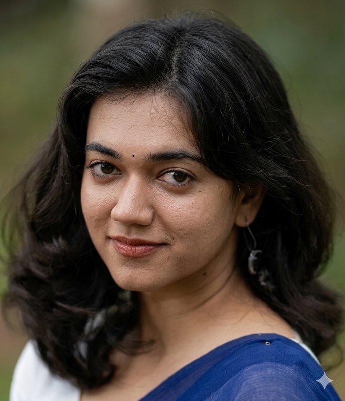 Close-up portrait of a young South Asian woman with a small bindi, soft smile, against blurred gr...