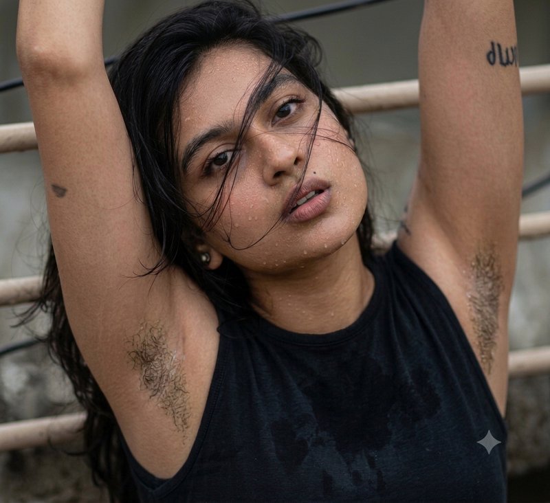 Close-up portrait of young South Asian woman with raised arms, wet dewy skin, natural underarm ha...