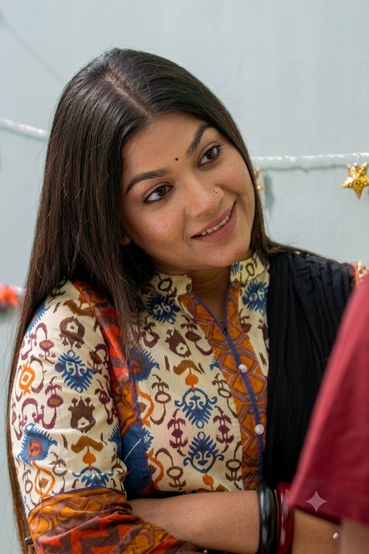 Candid portrait of smiling South Asian woman with bindi, wearing printed traditional kurta, looki...