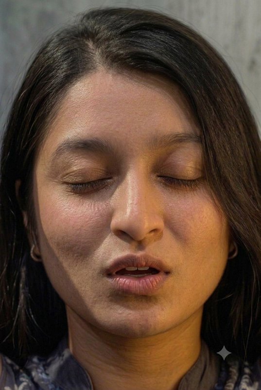 Close-up portrait of a woman with closed eyes, long dark hair, soft warm lighting against a neutr...