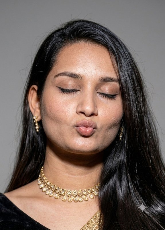 Close-up studio portrait of a South Asian woman with closed eyes blowing a kiss, wearing ornate g...
