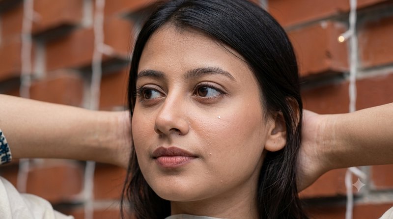 Close-up portrait of a young South Asian woman resting her hands behind her head, looking thought...