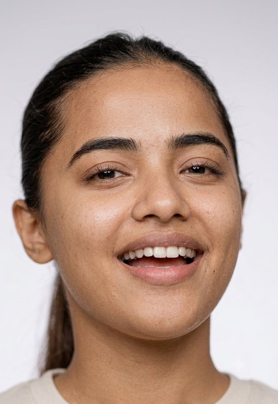 Close-up studio portrait of a smiling young South Asian woman with dark pulled-back hair against ...