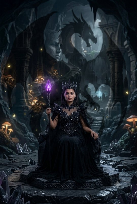Dark fantasy queen seated on a stone throne holds a glowing purple crystal staff, with a shadow d...