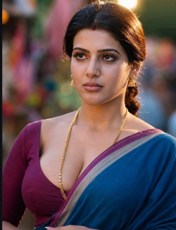 Close-up portrait of Samantha Ruth Prabhu in a blue saree with traditional gold jewelry, warm gol...