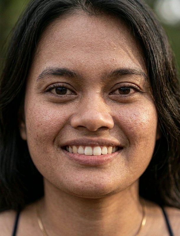 Close-up outdoor portrait of a smiling South Asian woman with dark hair, warm brown skin, looking...
