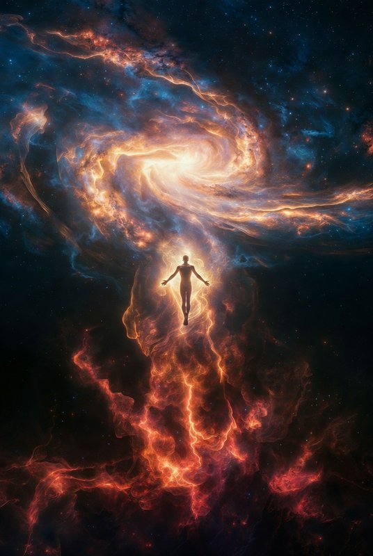 Silhouetted human figure floating inside a luminous spiral nebula in deep space