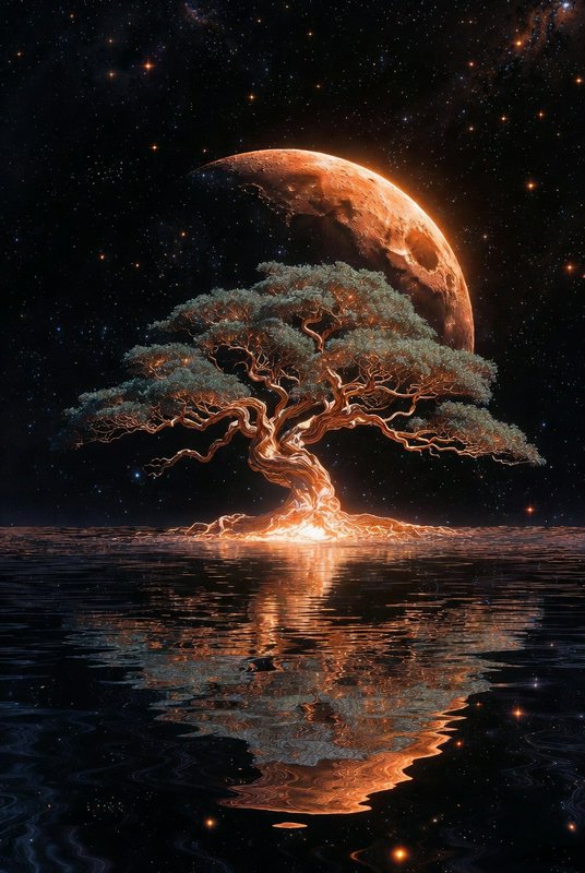 Glowing tree with luminous roots rising from water, with a large moon and starry space backdrop.