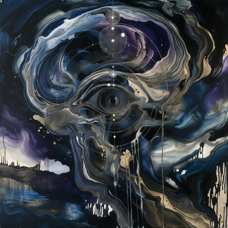 Abstract cosmic swirl painting with circular orbs and spiraling lines in blue, purple, and beige.